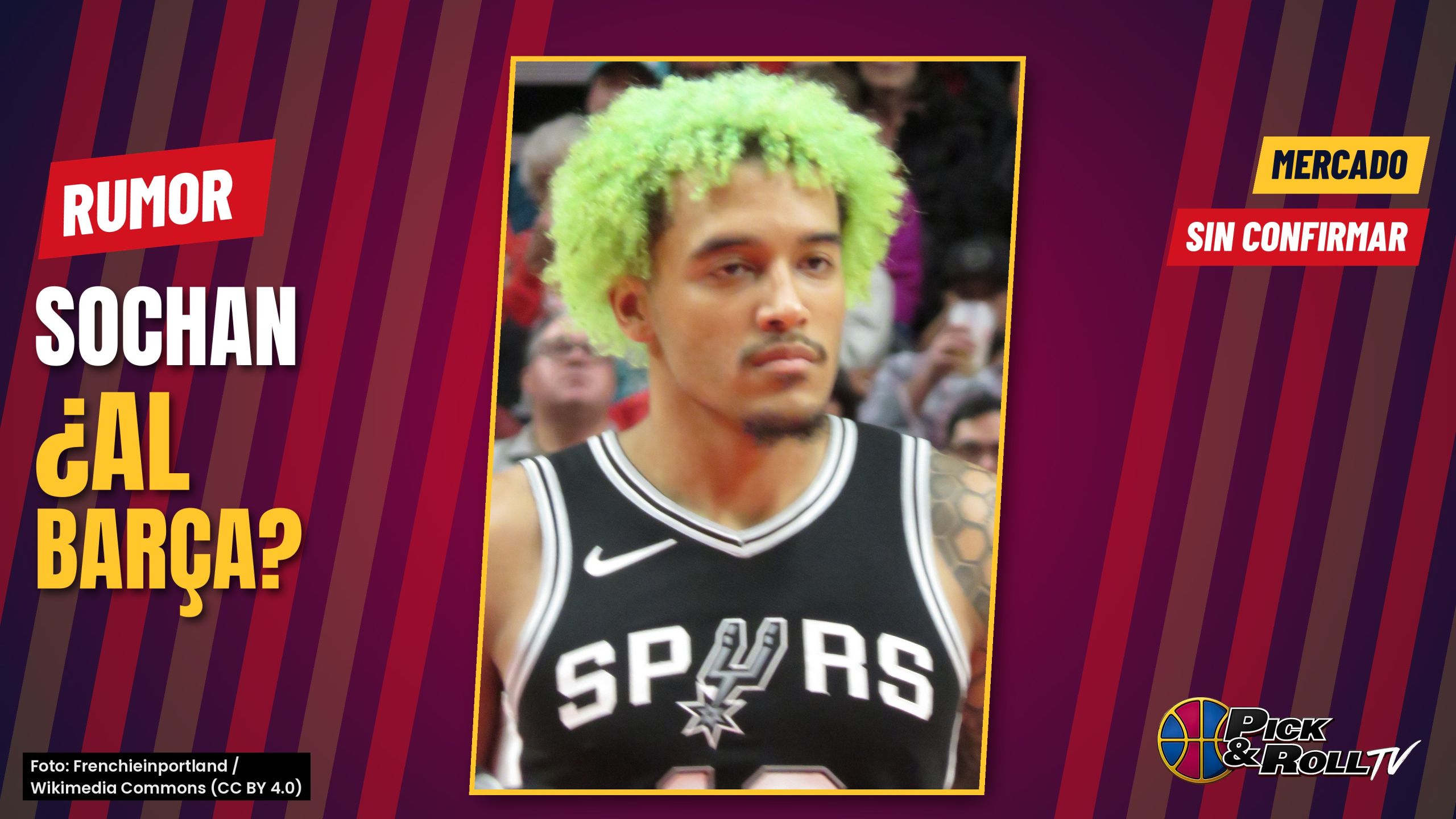 Jeremy Sochan con la camiseta de los San Antonio Spurs en 2024, en una imagen de PickandRollTV con la palabra rumor