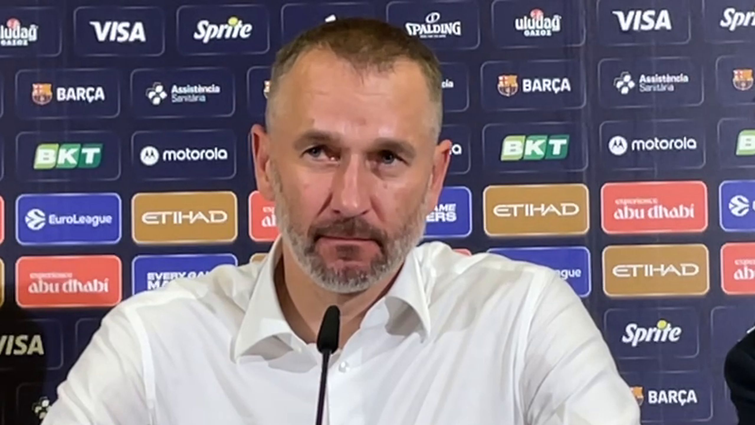 Tomas Masiulis, entrenador del Žalgiris Kaunas, en la rueda de prensa del Palau Blaugrana tras el Barça-Žalgiris