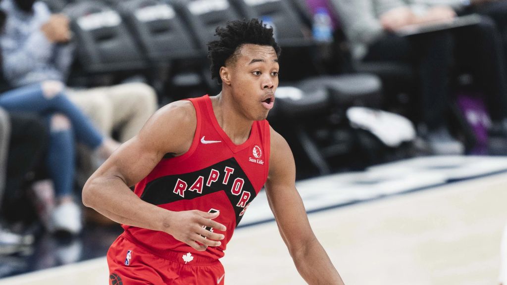 Scottie Barnes, con la camiseta de los Toronto Raptors, en un partido de 2021 ante los Washington Wizards