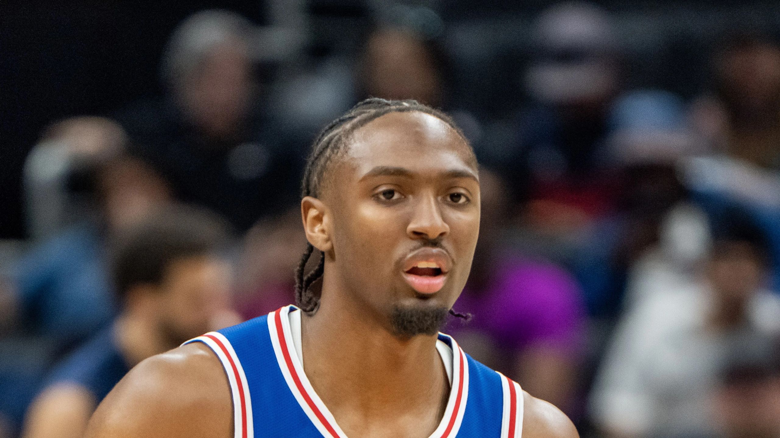Tyrese Maxey, con el dorsal 0 de los Philadelphia 76ers, durante un partido de la temporada 2025-26