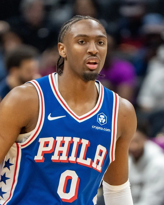 Tyrese Maxey, con el dorsal 0 de los Philadelphia 76ers, durante un partido de la temporada 2025-26